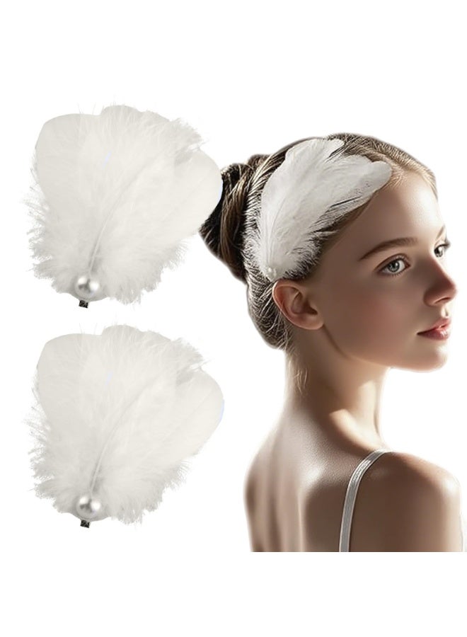 2Pcs White Feather Hair Clips - Ballet Style Artificial Swan & Ostrich Feather with Faux Pearl - Wedding Engagement Birthday Party Stage Accessories for Women - Image 1